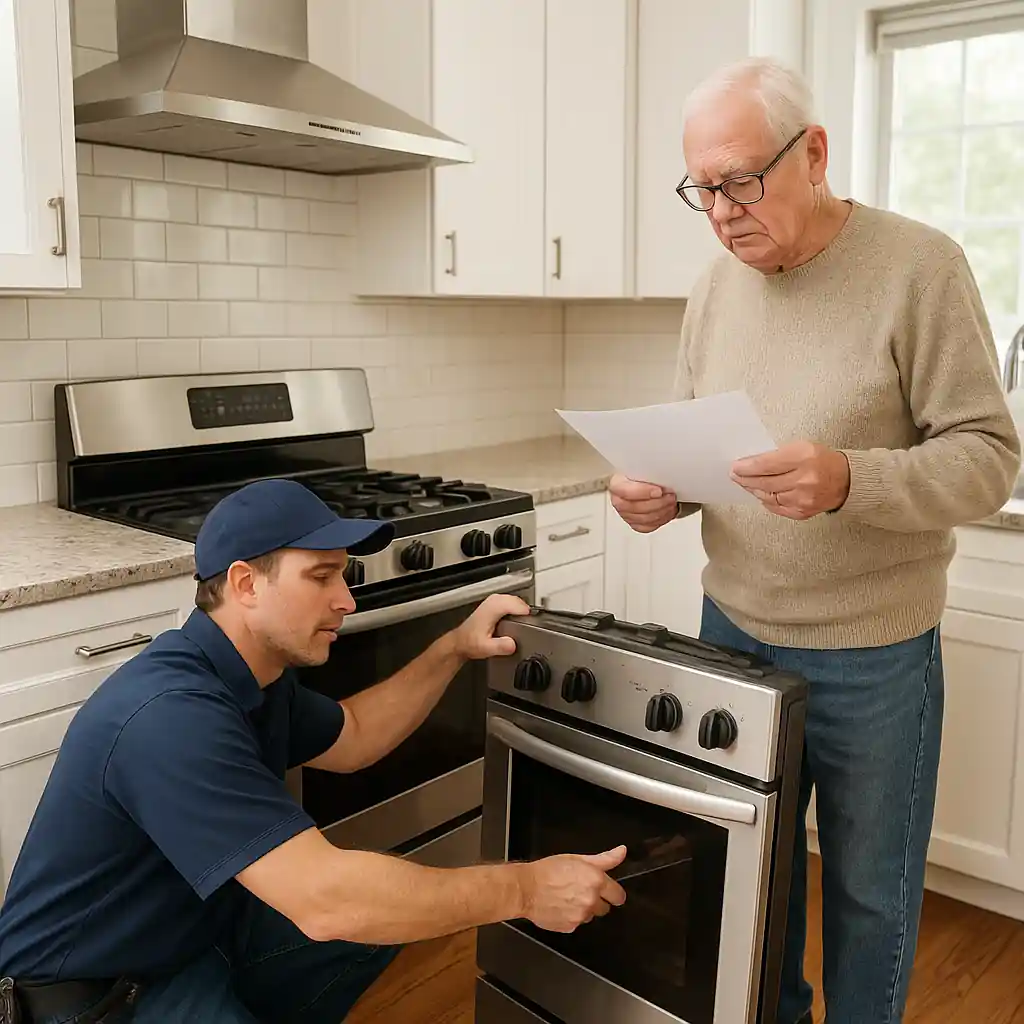 Installer hooking up a kitchen range as a senior homeowner reviews a printed estimate