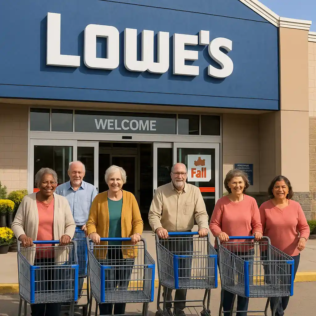Older adults entering a Lowe's store for shopping and senior savings