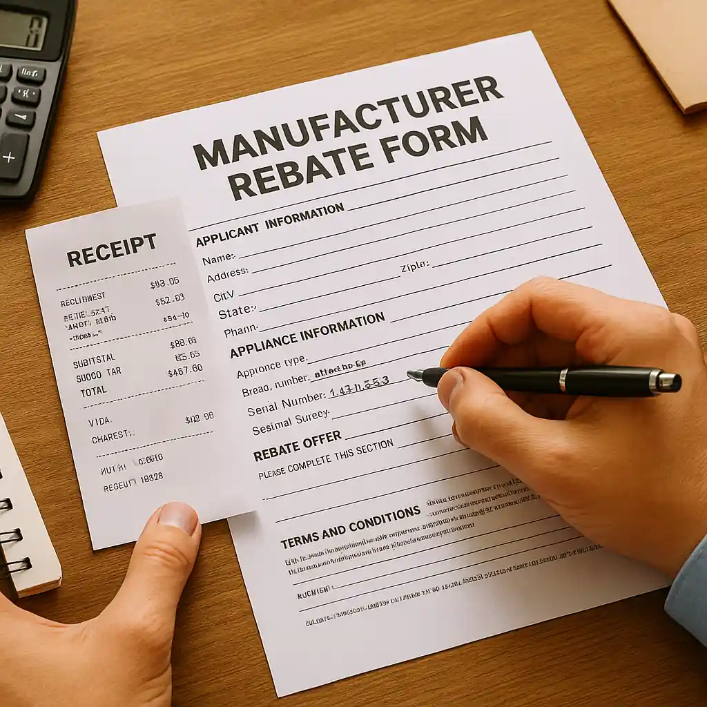 Filling out a manufacturer rebate form with receipt for an appliance purchase