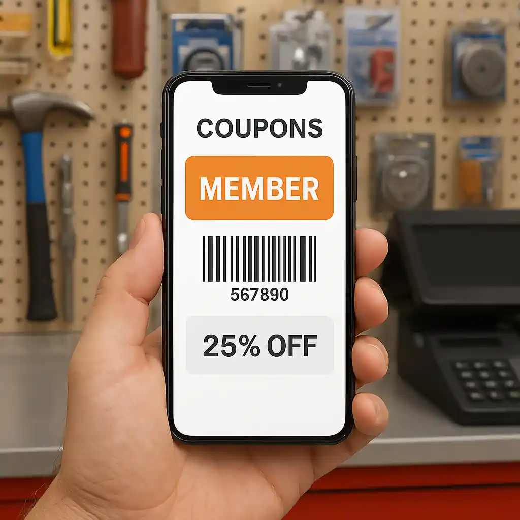 Smartphone showing a digital coupon at a home improvement checkout, illustrating coupon stacking and verification