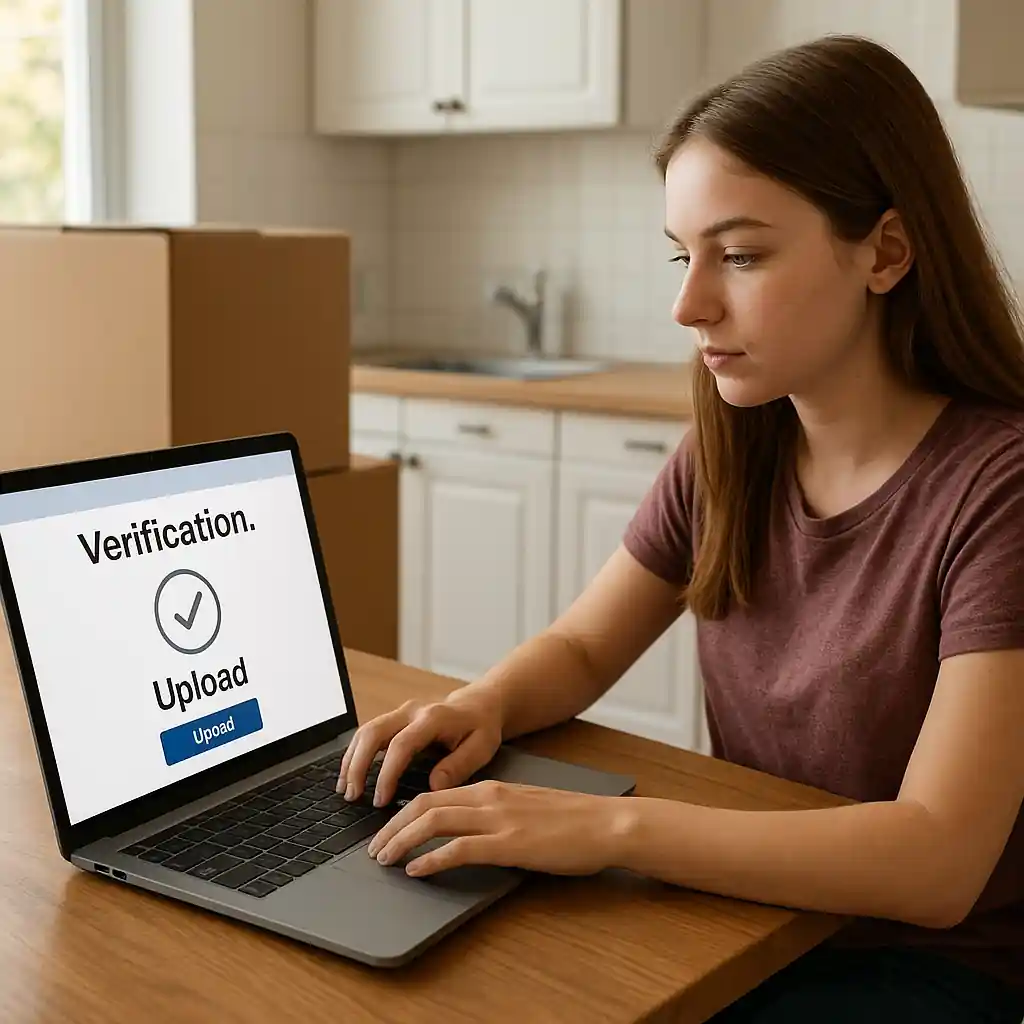 Student using laptop to upload verification documents with moving boxes