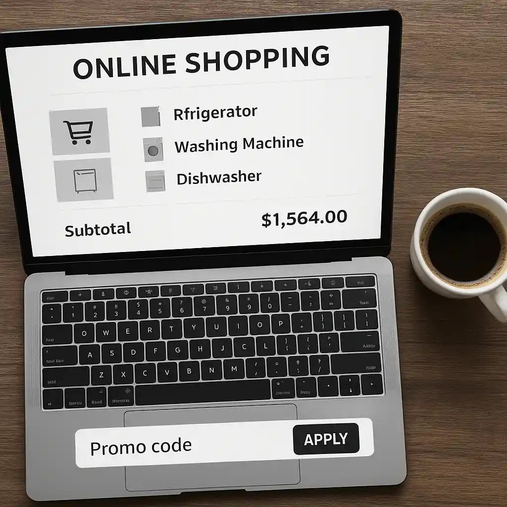 Online cart showing appliance subtotal and promo code field before applying coupon