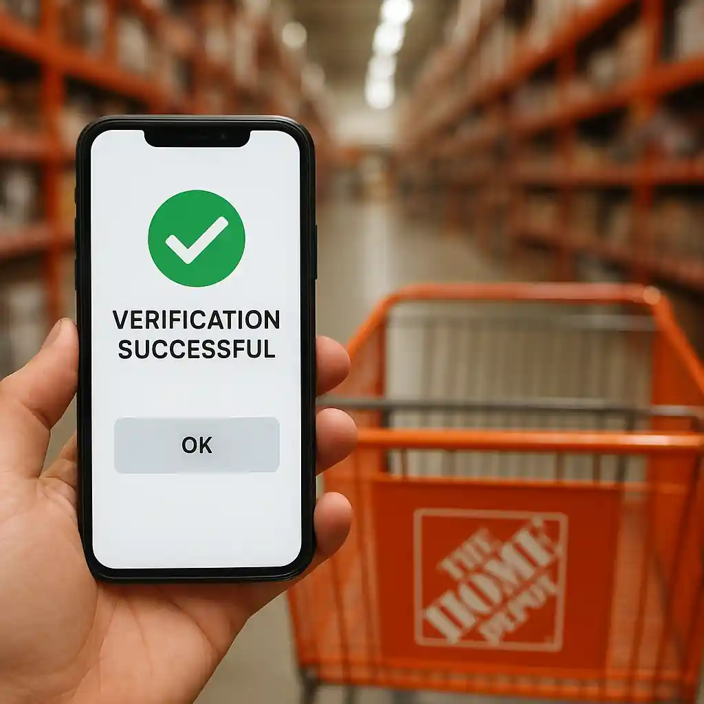 Phone showing verification confirmation next to a Home Depot shopping cart