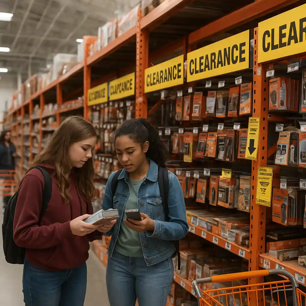 Students comparing clearance tags in a Home Depot aisle with carts nearby