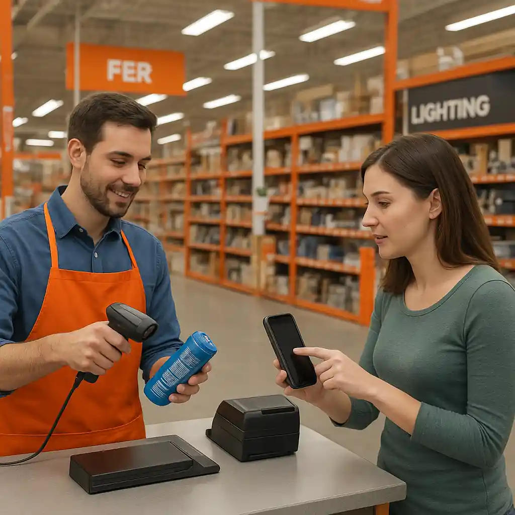 Customer and cashier resolving a coupon issue at a Home Depot register
