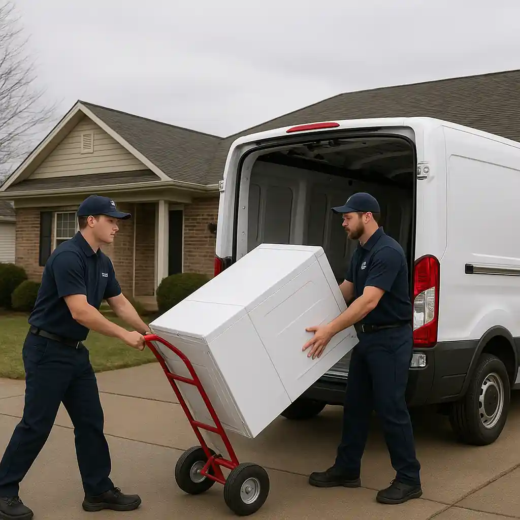 Delivery crew loading an appliance for home delivery from Lowe's