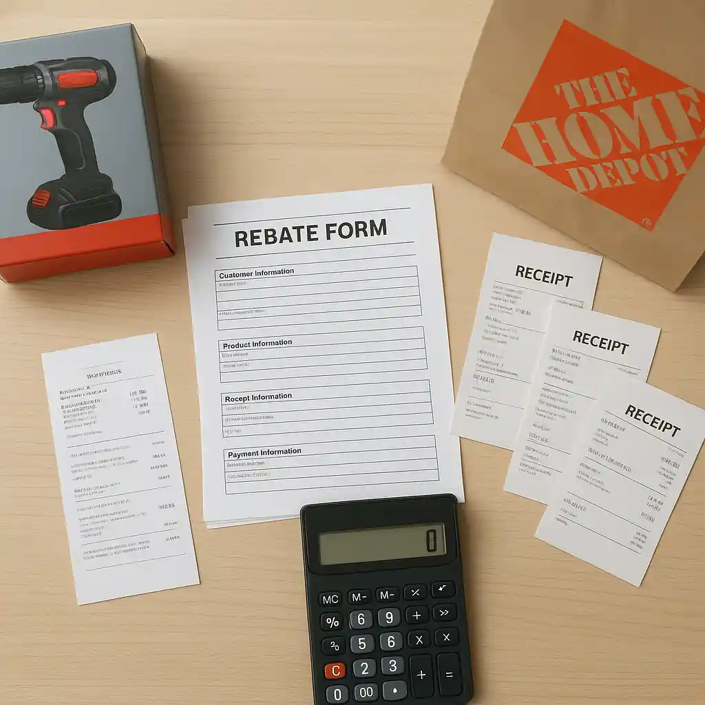 Rebate forms and receipts next to purchased Home Depot tools for filing manufacturer rebates