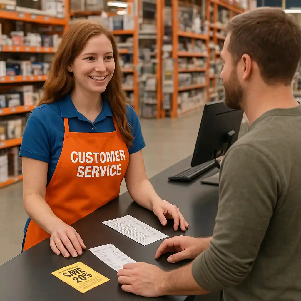 Customer service associate helping a shopper with a coupon at a home improvement store counter