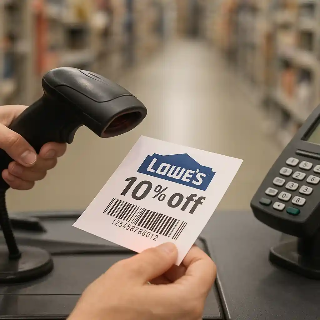 Cashier scanning a paper coupon at a home improvement store register