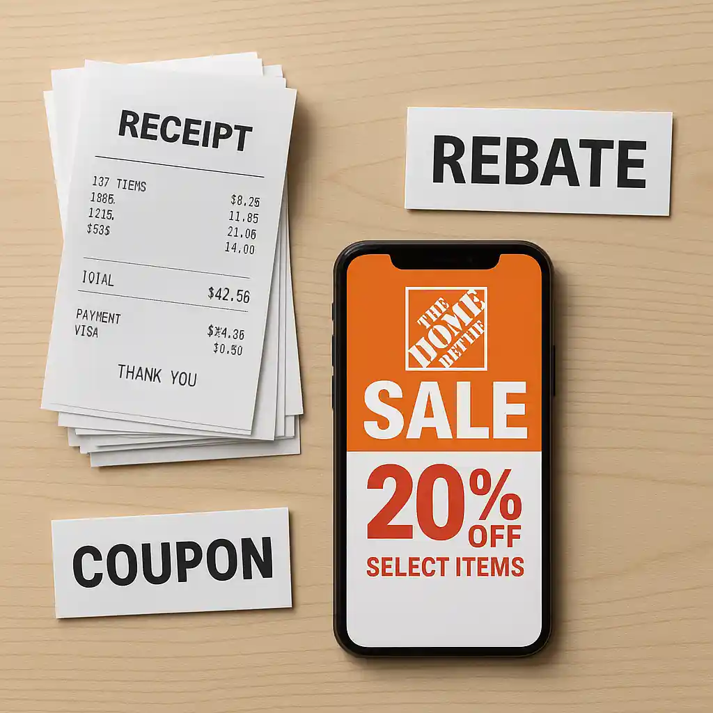 Receipts, smartphone with Home Depot sale ad, and rebate and coupon labels arranged on a table