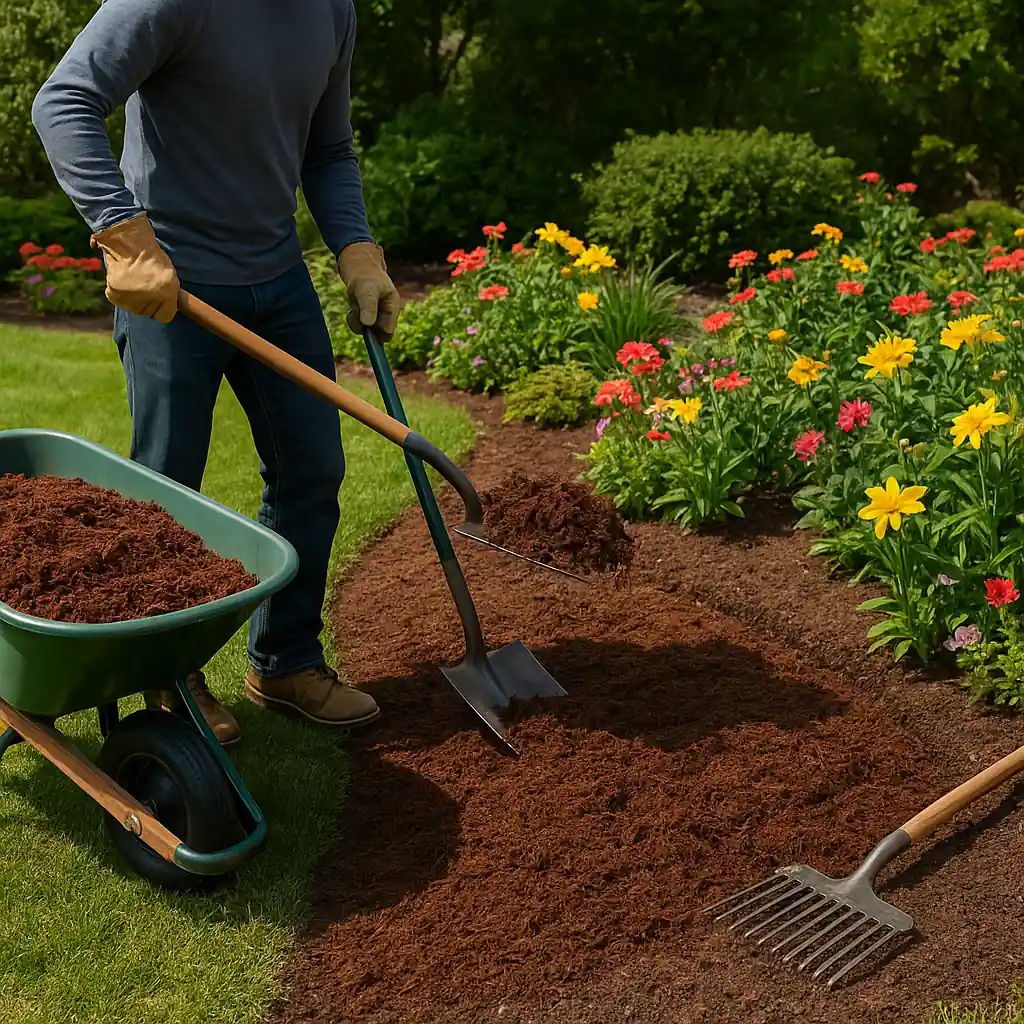 Applying mulch with a wheelbarrow and rake to flower beds for even coverage