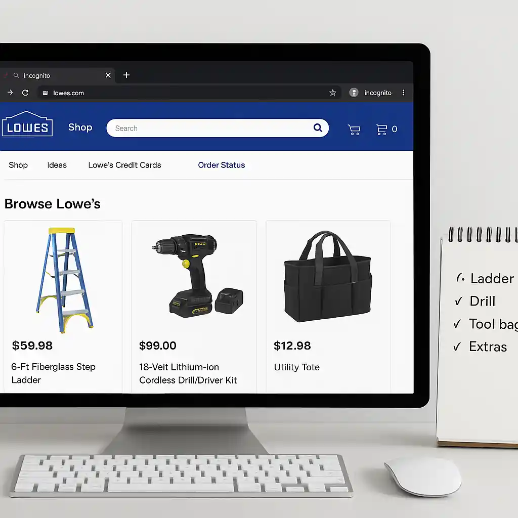 Desktop with Lowe's product pages, incognito window, and checklist for coupon verification