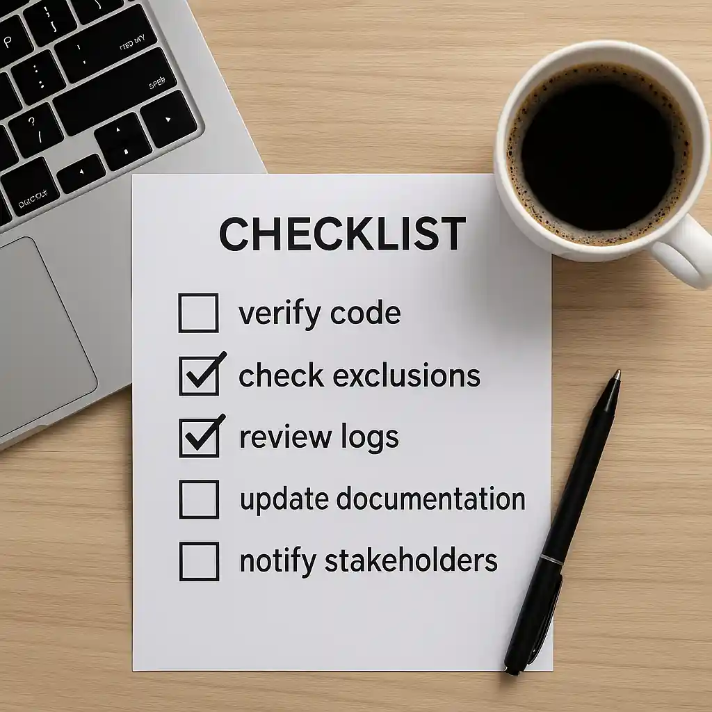 Checklist to verify coupon codes beside a laptop and coffee