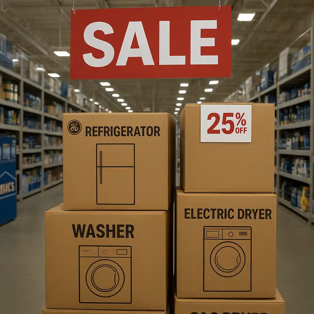 Appliances in store aisle with sale signs and discount tags illustrating bigger seasonal discounts