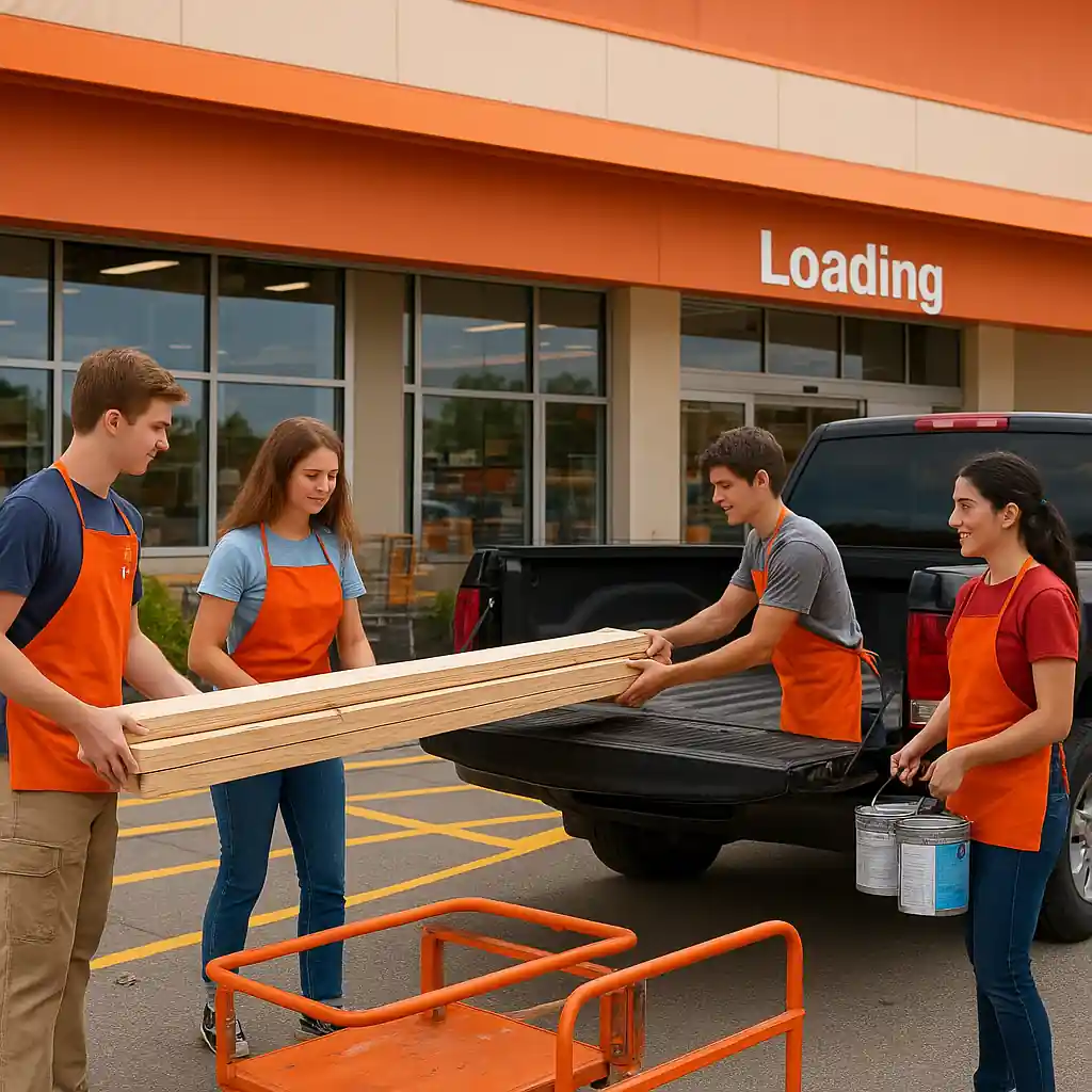 Students loading lumber and paint at a Home Depot pickup area