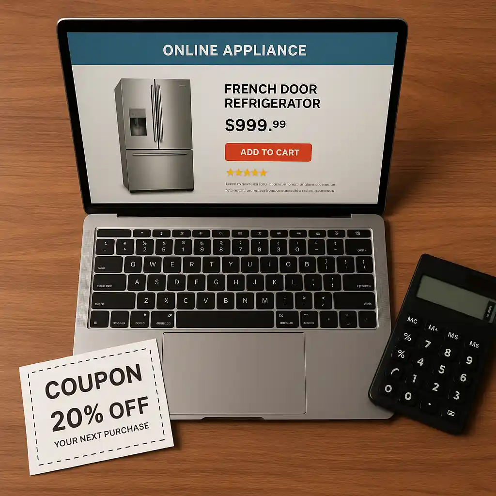 Laptop open to an appliance product page with a printed coupon and calculator on a desk