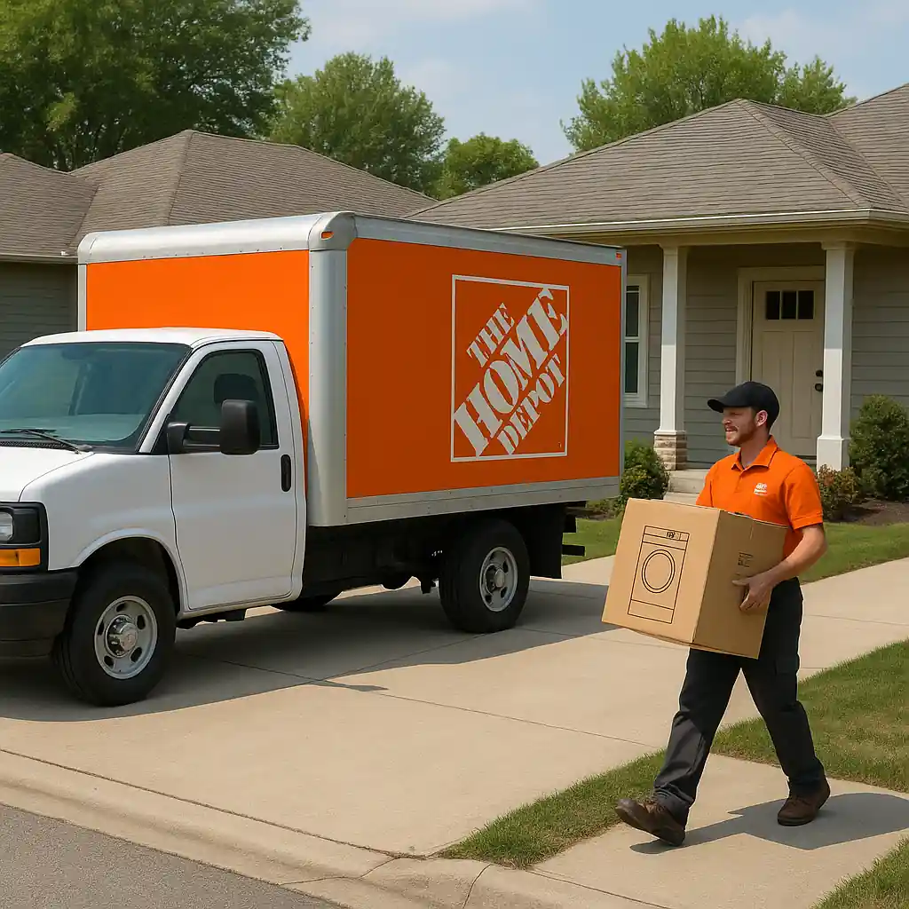 Delivery technician carrying a boxed appliance from a Home Depot truck to a home