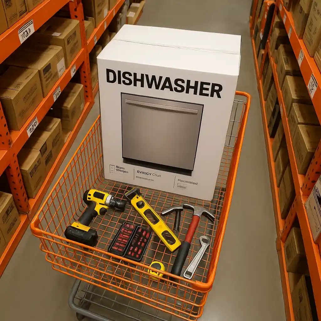 Shopping cart with tools and boxed dishwasher in a Home Depot aisle