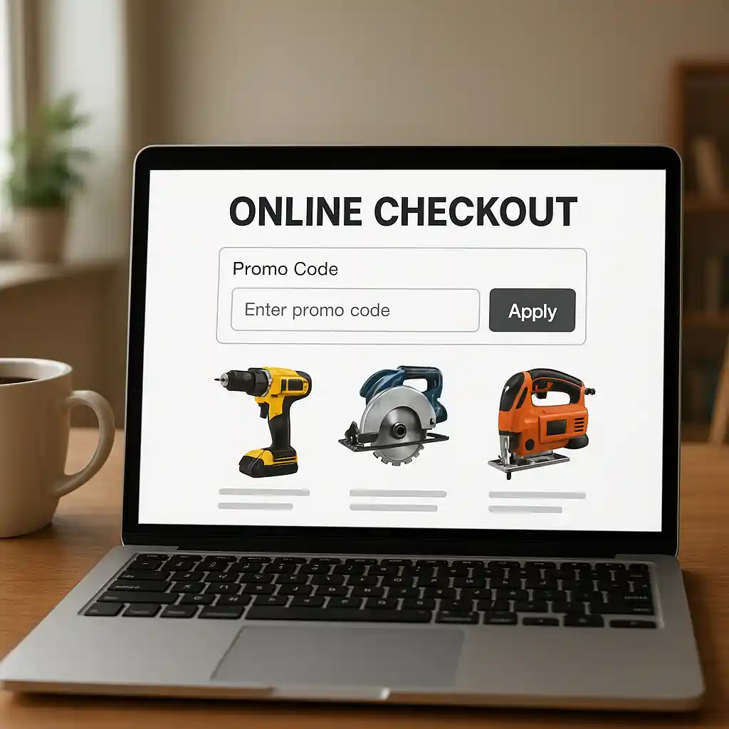 Laptop checkout screen with promo code field and power tools in cart