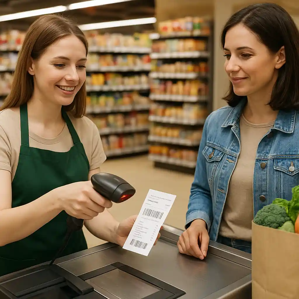 Cashier scanning a coupon barcode at Home Depot customer checkout