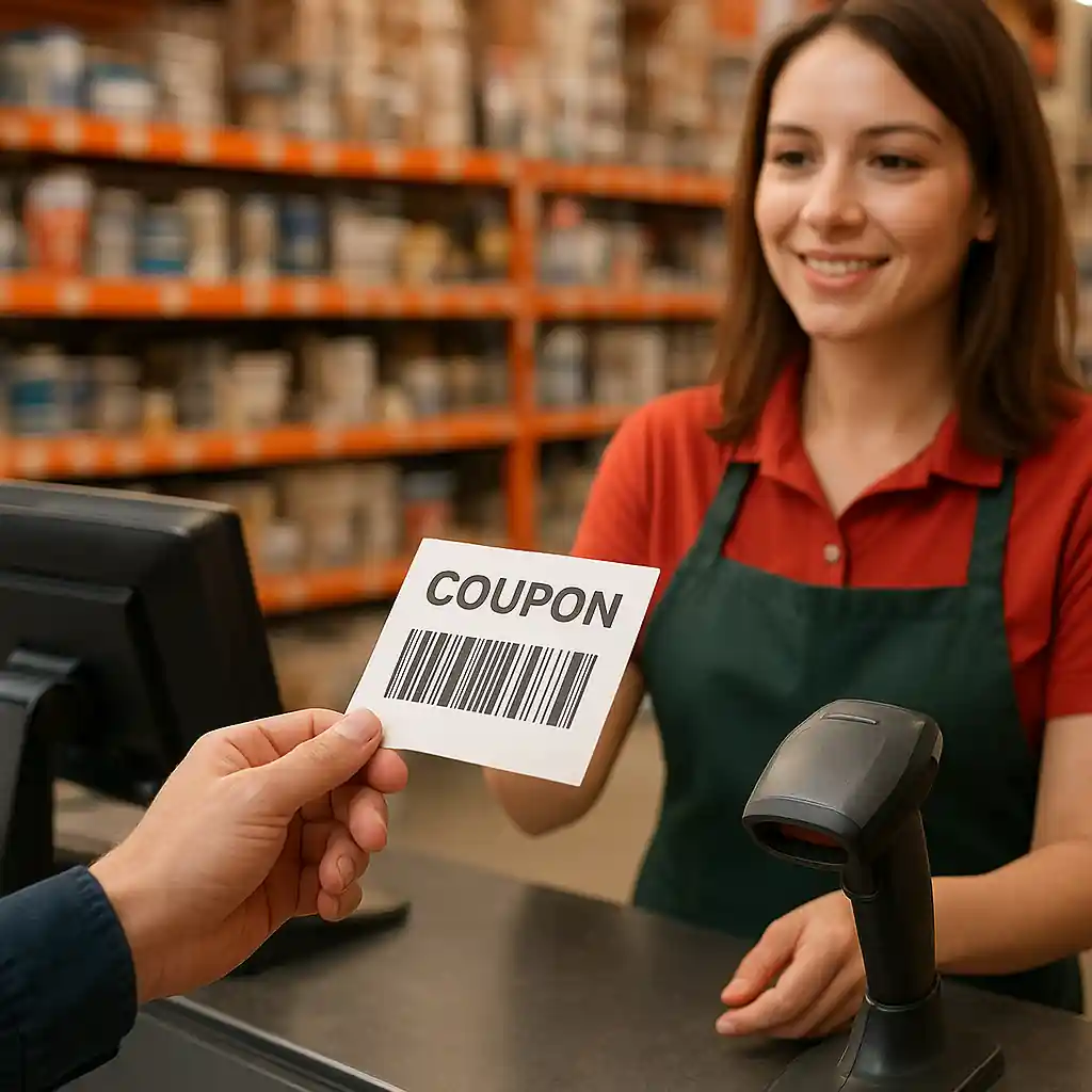 Shopper presenting a printed coupon to a cashier at a Home Depot-style register