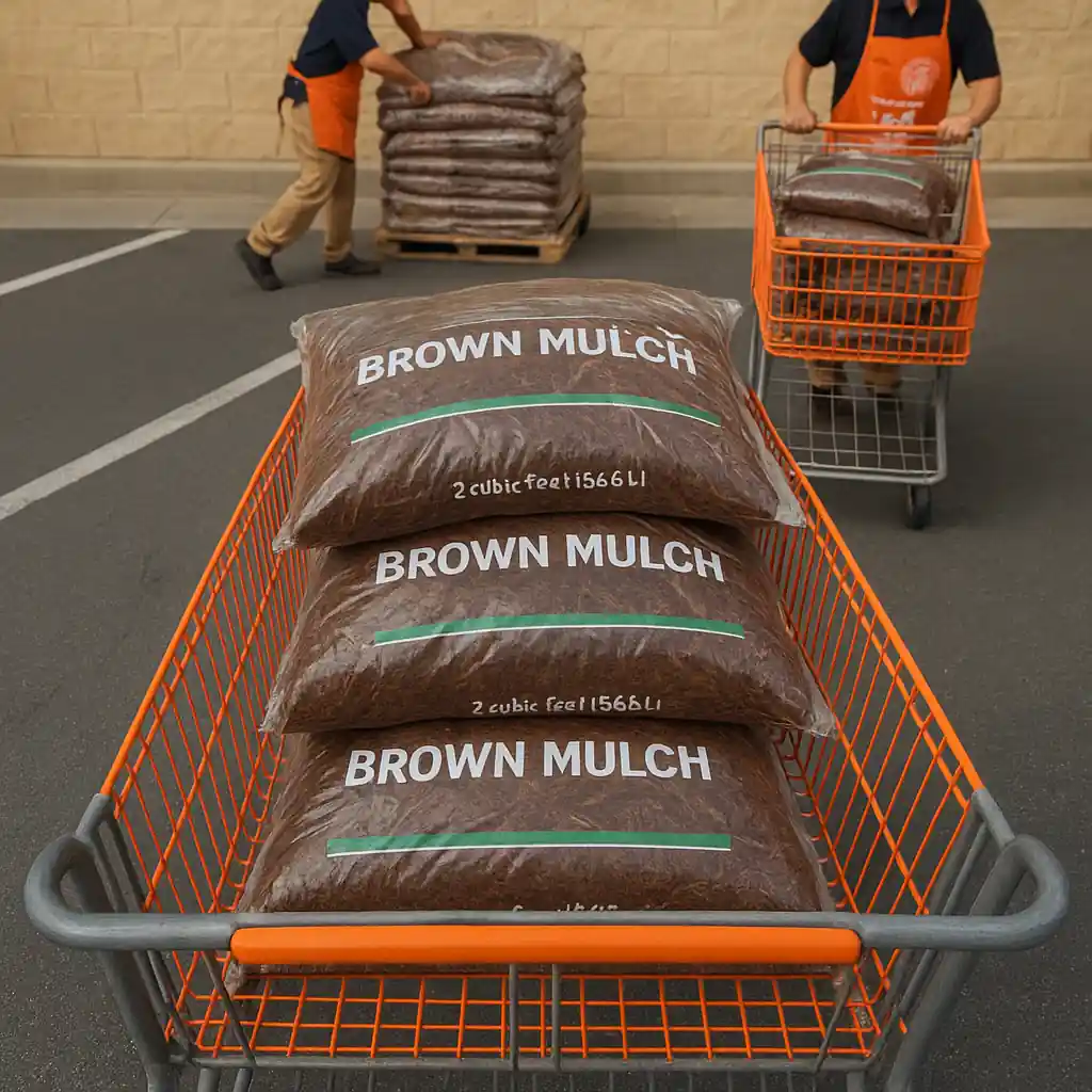 Shopping cart loaded with five mulch bags ready for pickup at Home Depot