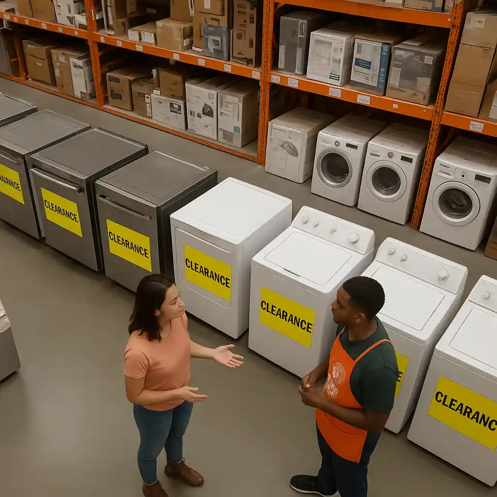 Customer and store associate reviewing clearance-tagged appliances in Home Depot