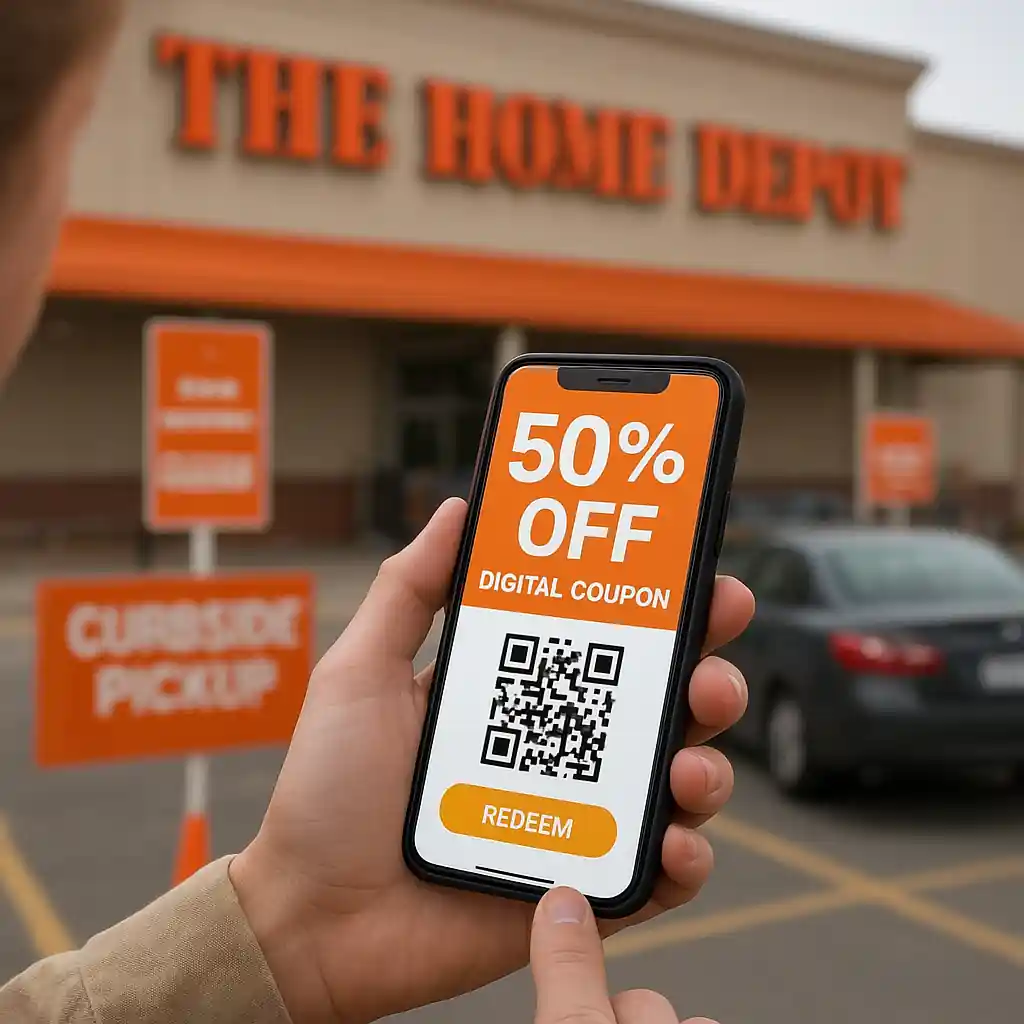 Customer displaying digital coupon on phone for Home Depot pickup