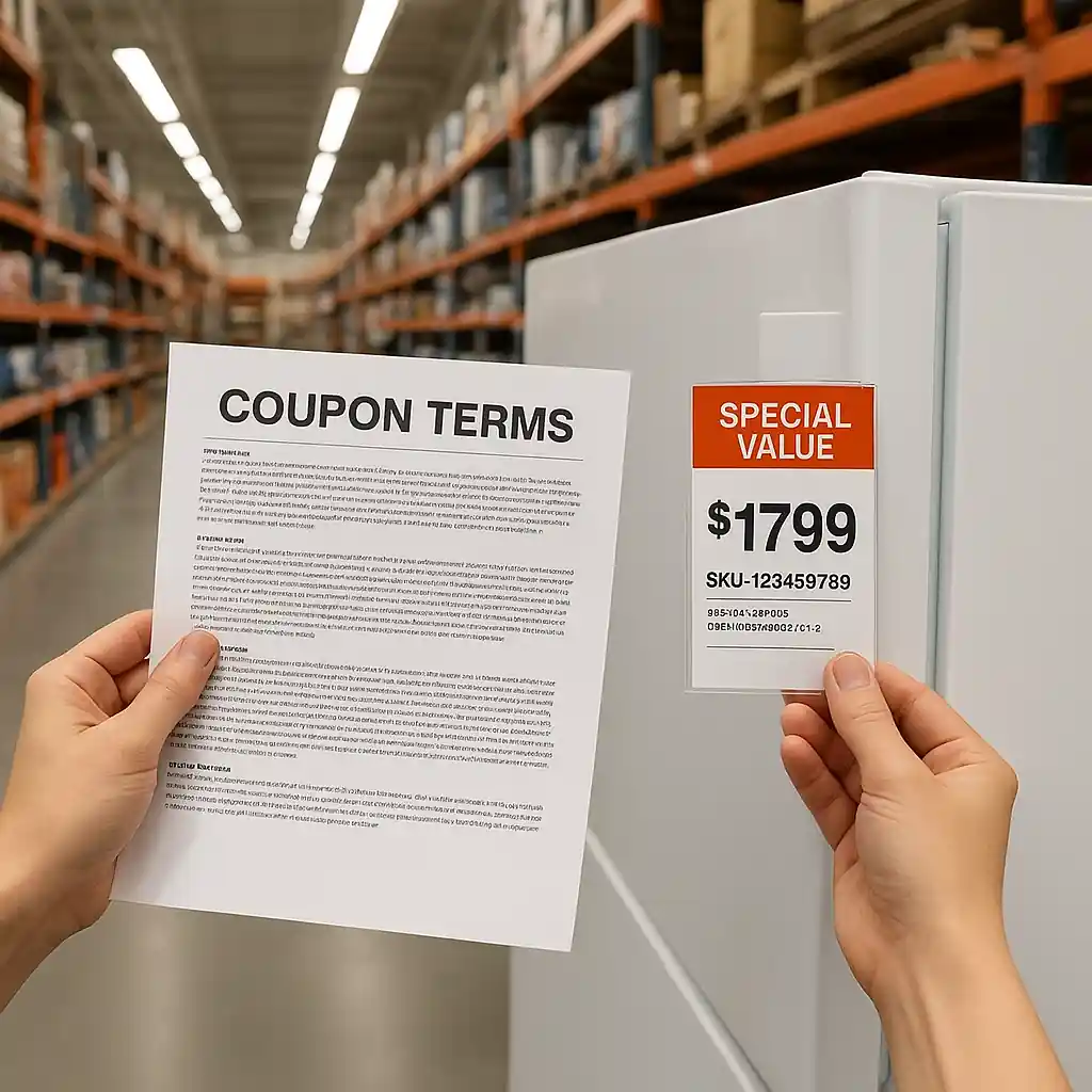 Shopper verifying coupon terms against Home Depot product SKU and price tag