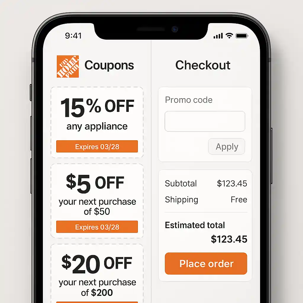 Home Depot app displaying available coupons and a promo code field during online checkout
