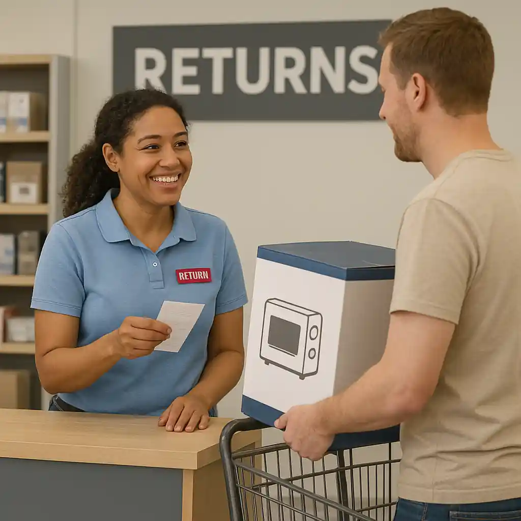 Home Depot associate reviewing a customer's receipt next to a boxed appliance for return