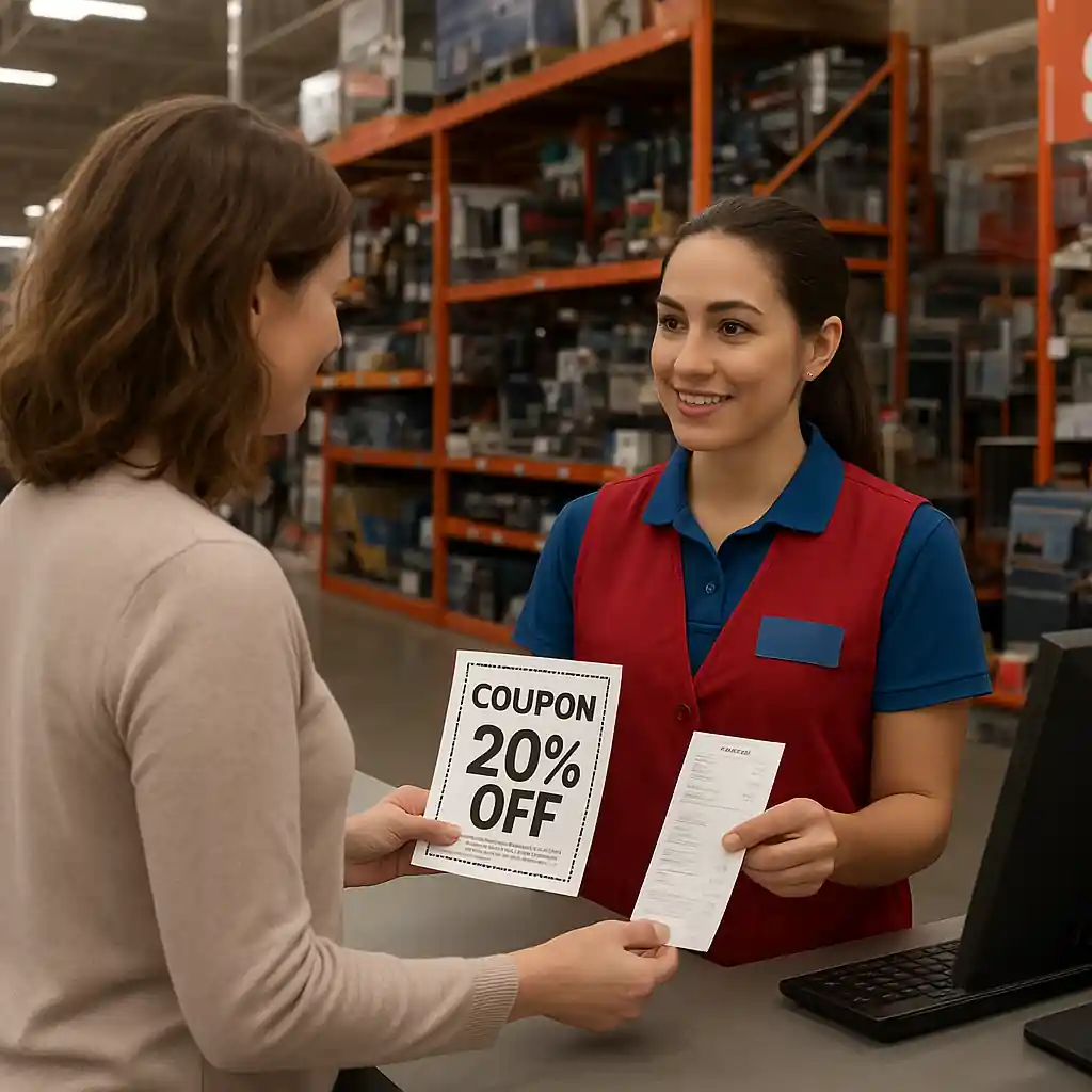 Customer getting an in-store price adjustment at Home Depot service desk with printable coupon