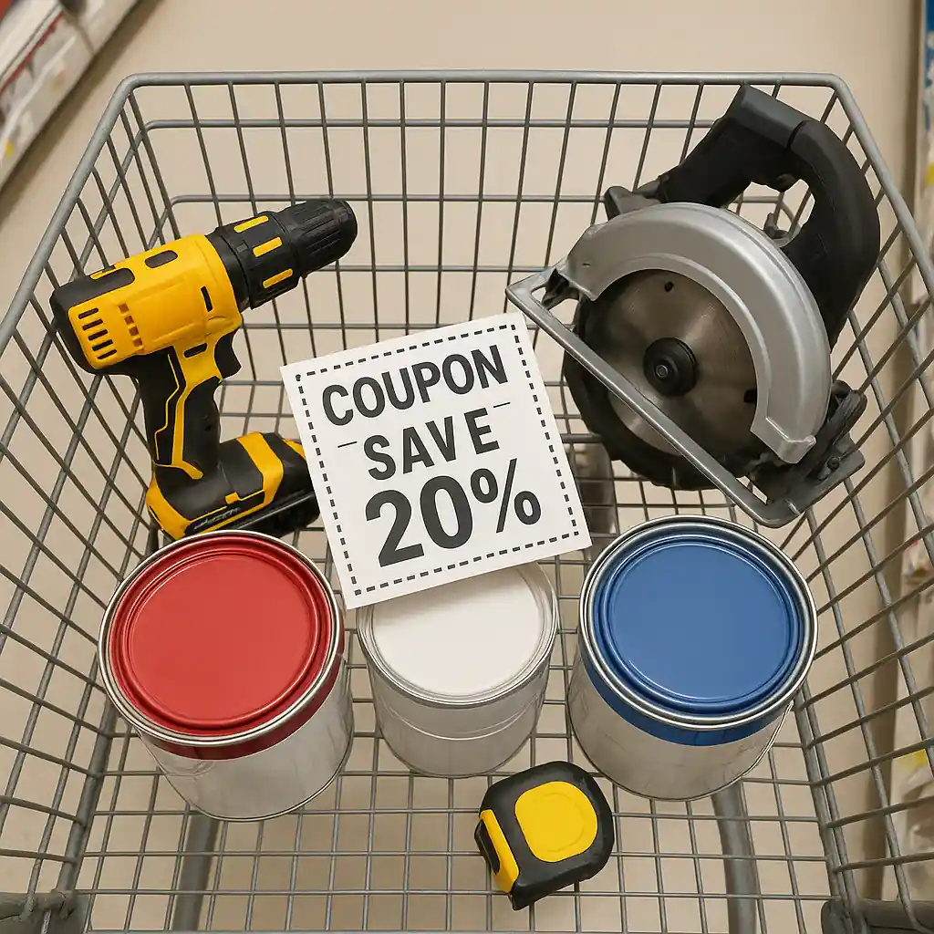 Shopping cart with paint cans and power tools and a coupon placed on top in a store aisle