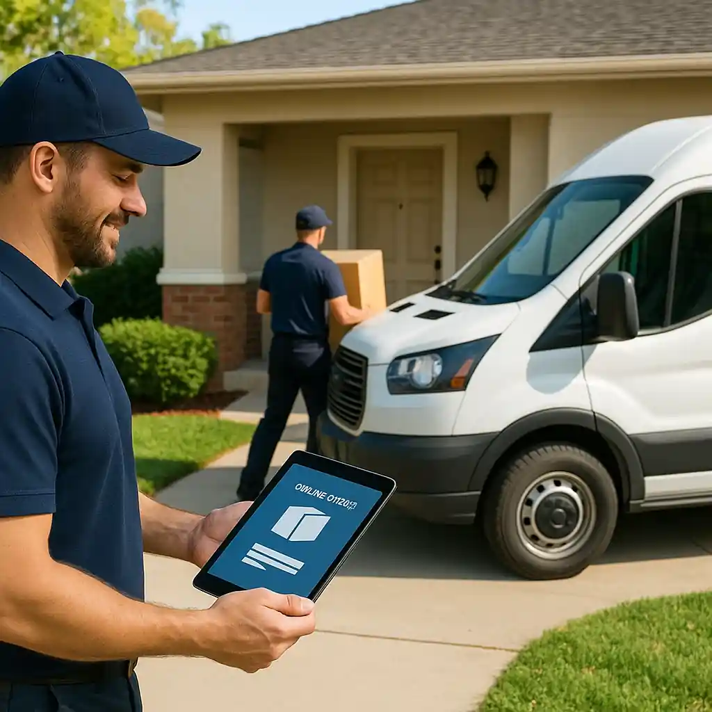 Home Depot delivery driver carrying boxed appliance for an online order delivery
