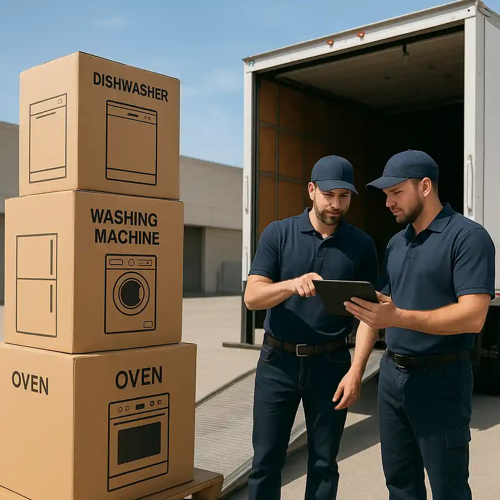 delivery technicians checking tablet beside stacked appliances for home delivery