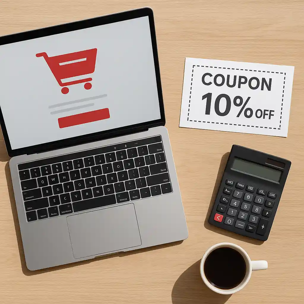 Online checkout setup with printed coupon and laptop ready for applying discounts