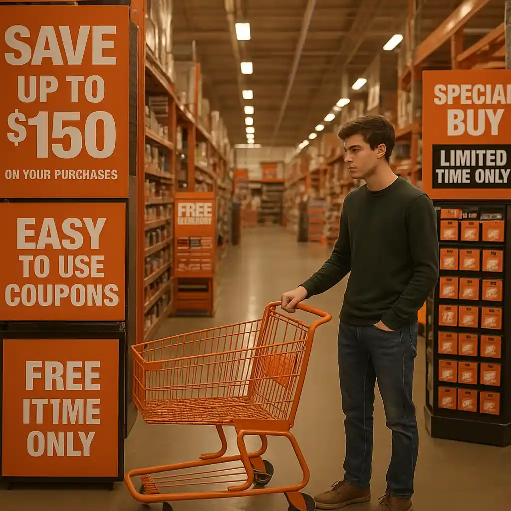 Home Depot aisle with promo signage, coupons, and gift cards on display