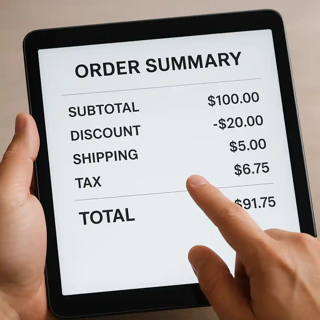 Order summary showing subtotal, discount, shipping, tax, and total with hands pointing at tax