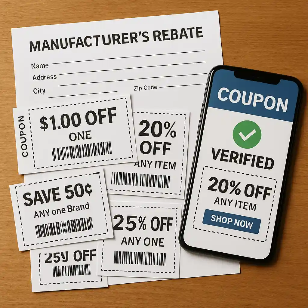 Verified coupon site on smartphone next to rebate forms and coupons