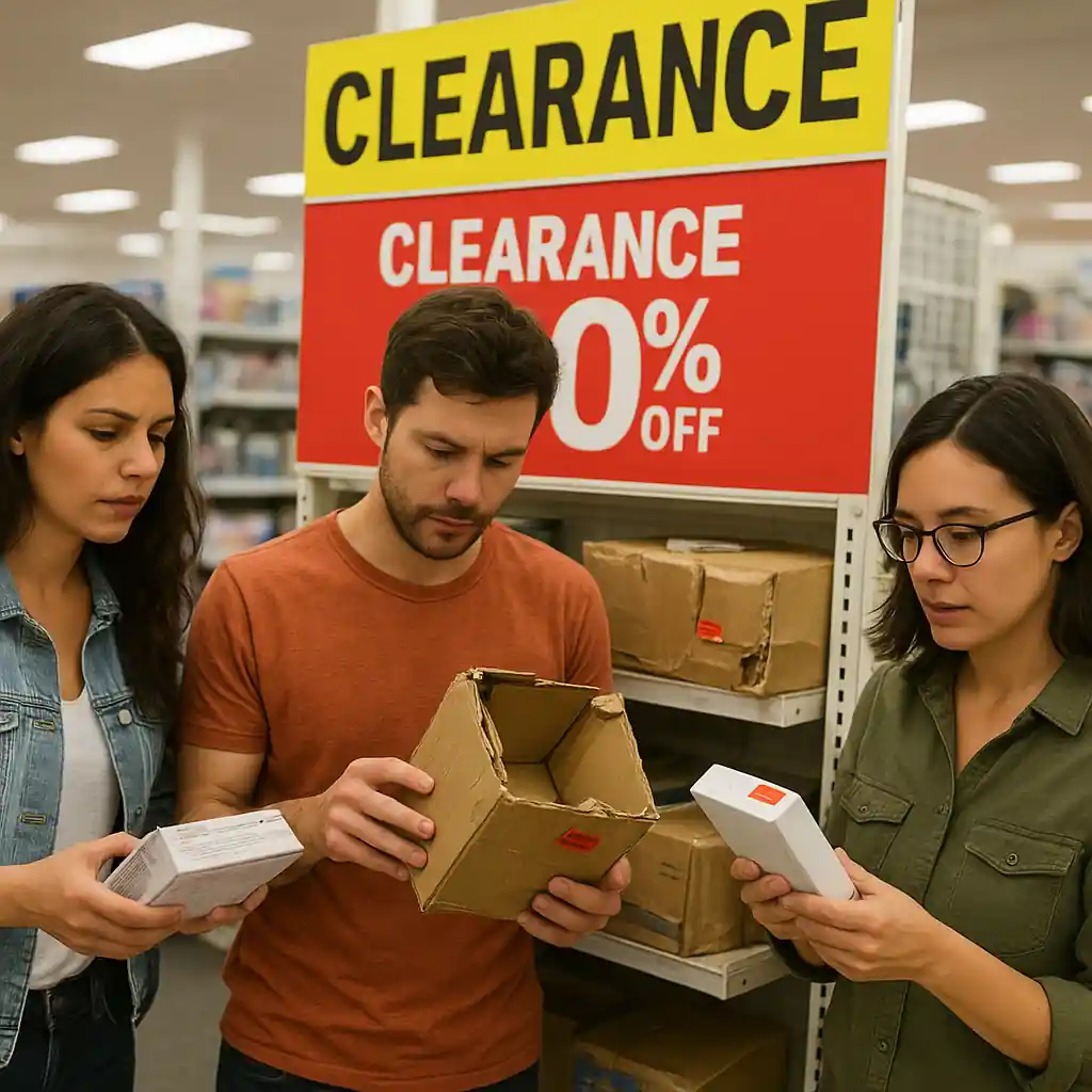 Shoppers inspecting a clearance endcap of discounted home improvement items