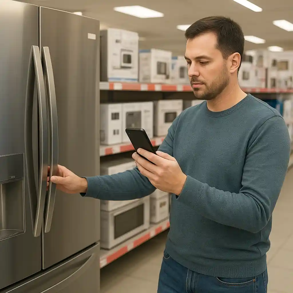 Homeowner checking appliance prices on a phone in a store appliance aisle