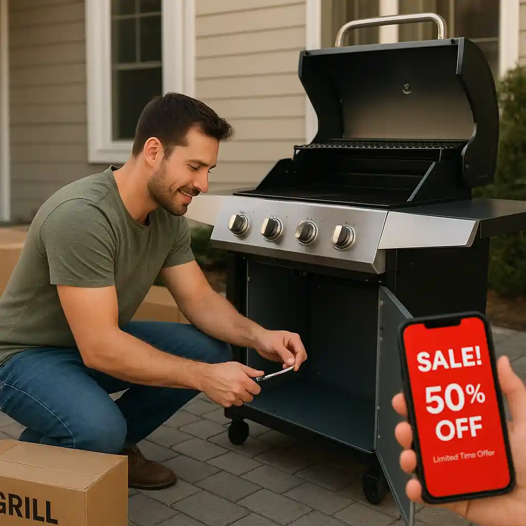 Homeowner assembling a discounted grill while checking sale alerts on a phone