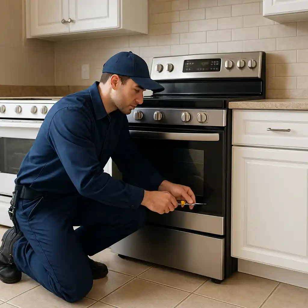 Professional installing a new kitchen range during appliance delivery