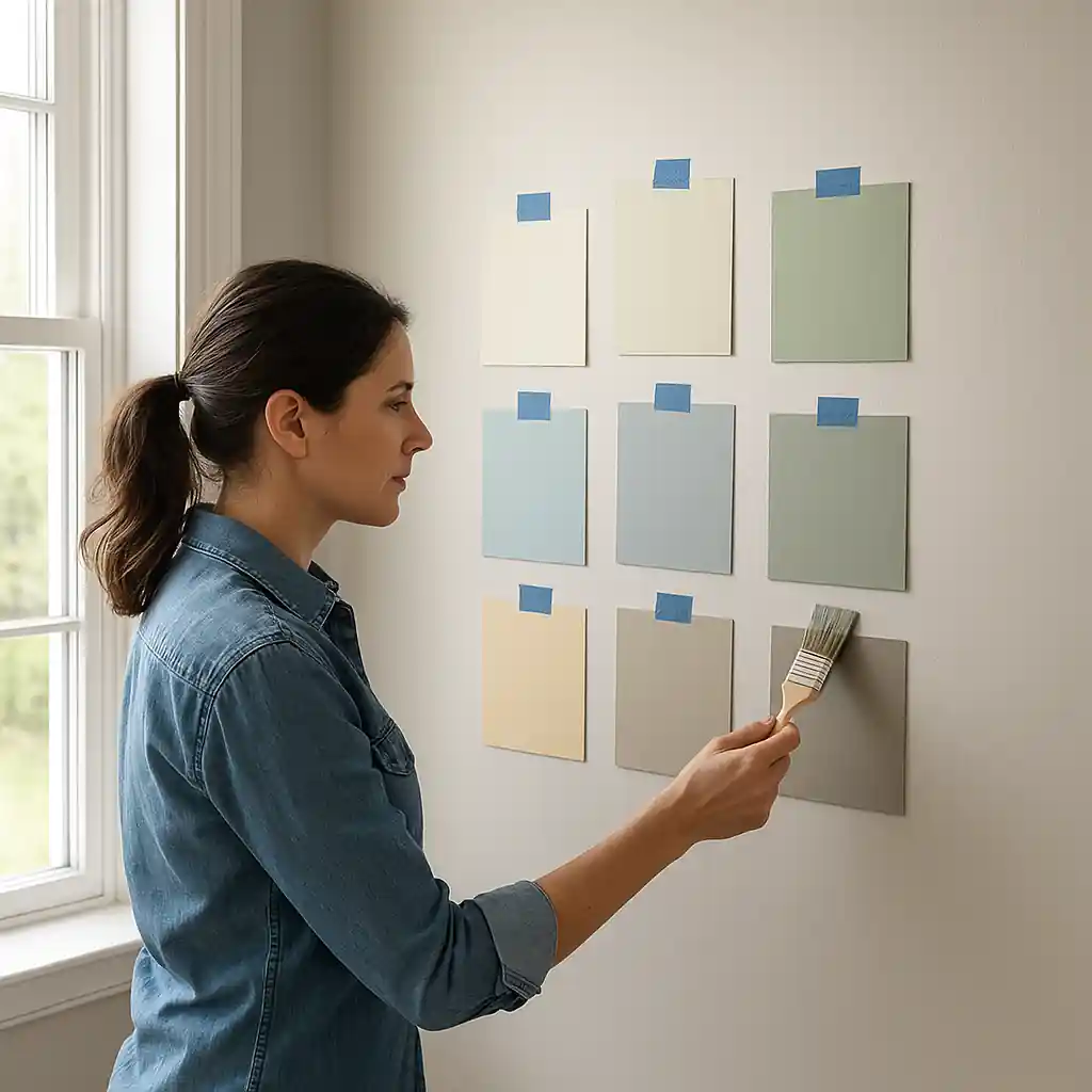 Person applying paint samples on a wall to choose a color before buying gallons