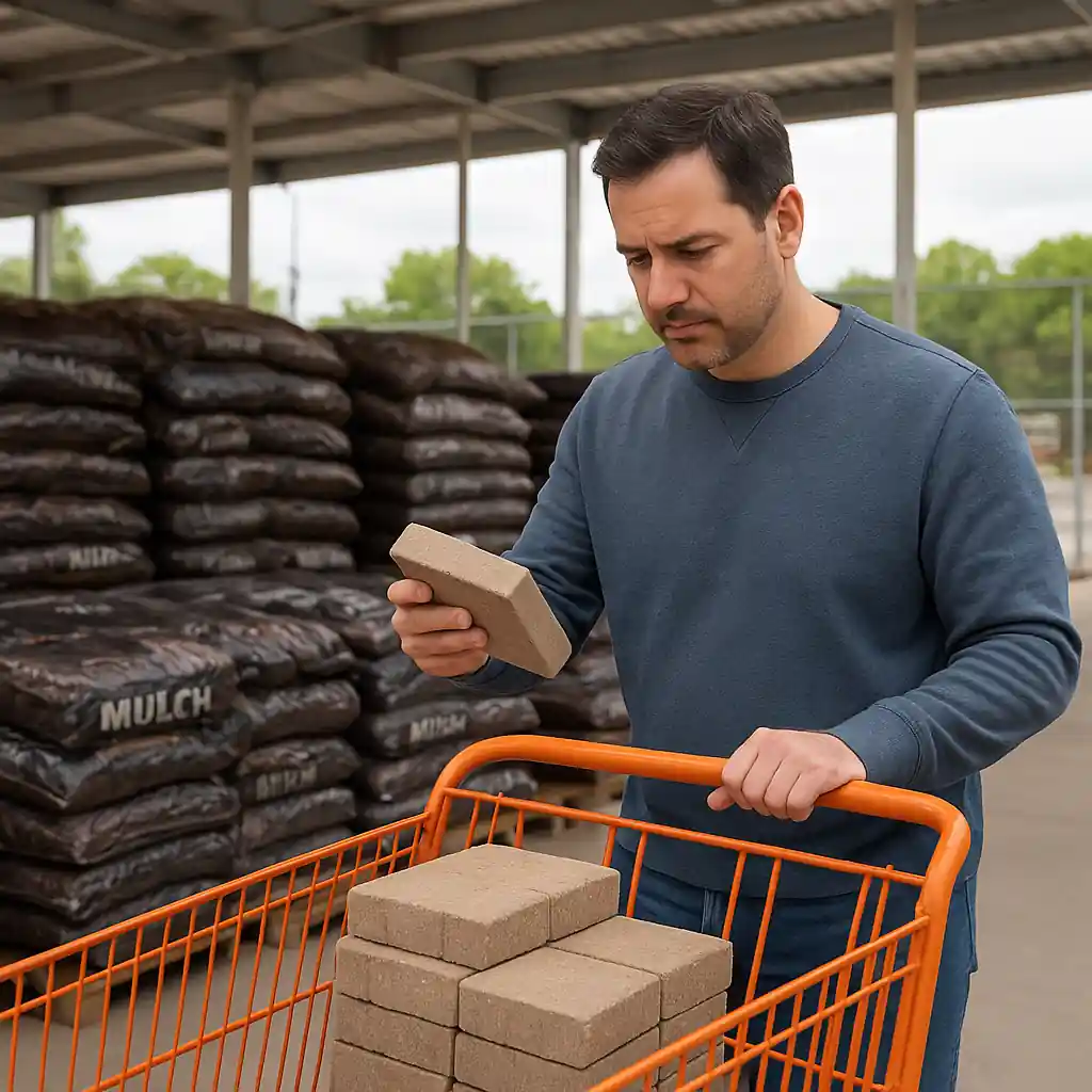homeowner loading patio pavers and mulch while checking project list