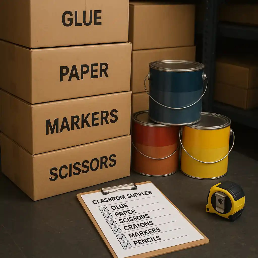 Classroom supplies and paint purchased using educator savings ready for project setup