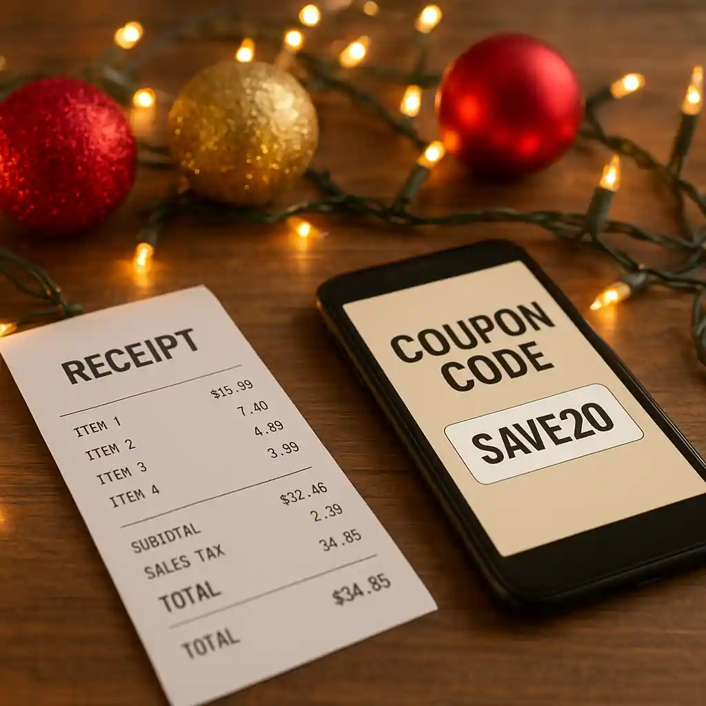 Holiday lights and ornaments with receipt and coupon code on a phone
