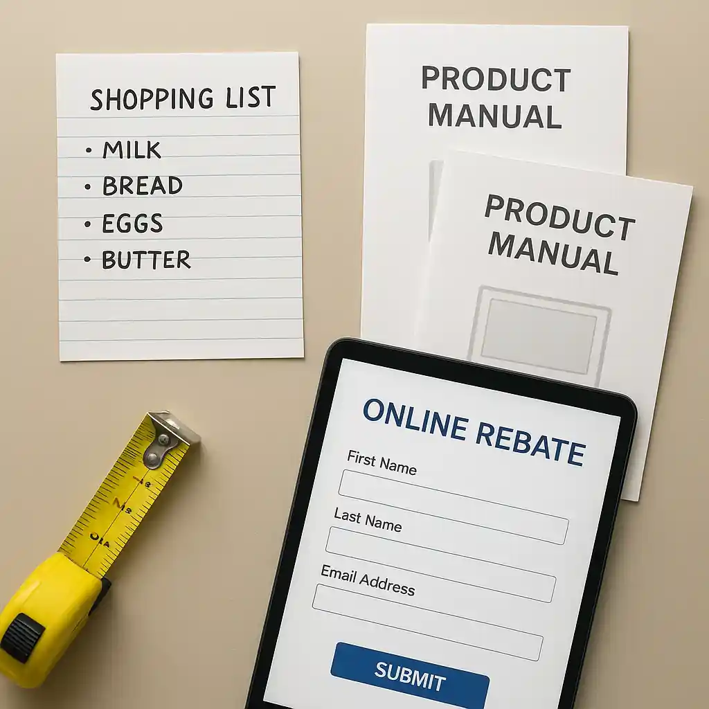 Tablet displaying rebate information beside tools and a shopping list