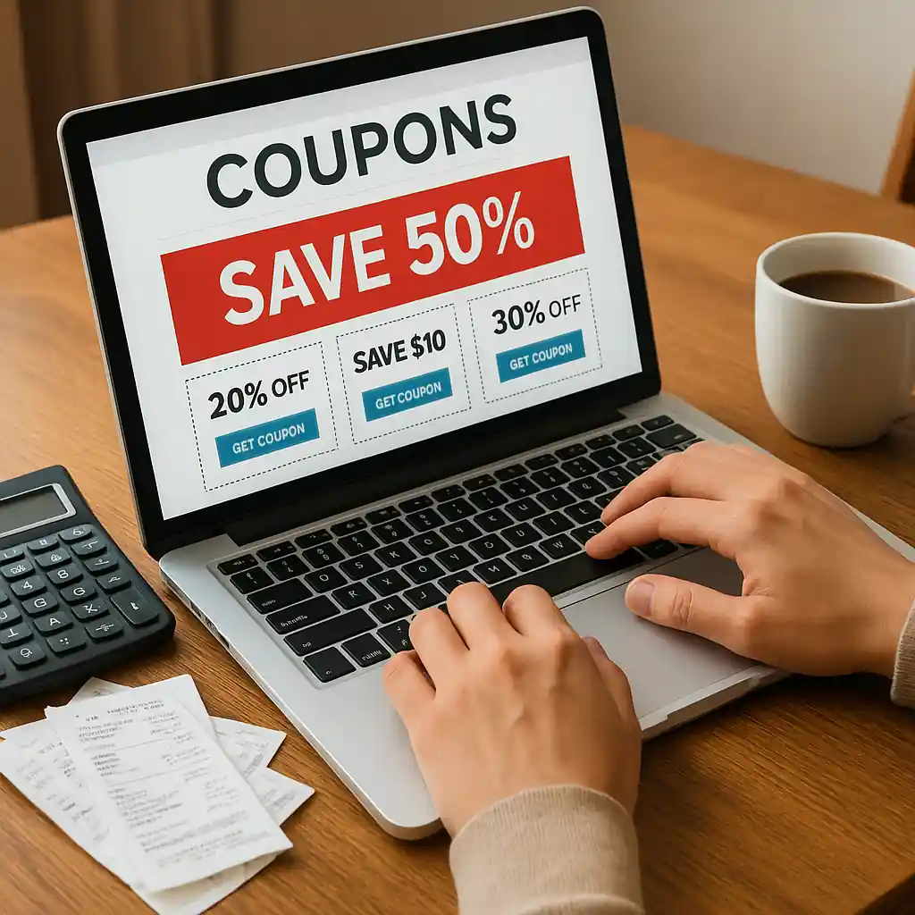 Researching coupons and rebate paperwork for home improvement purchases