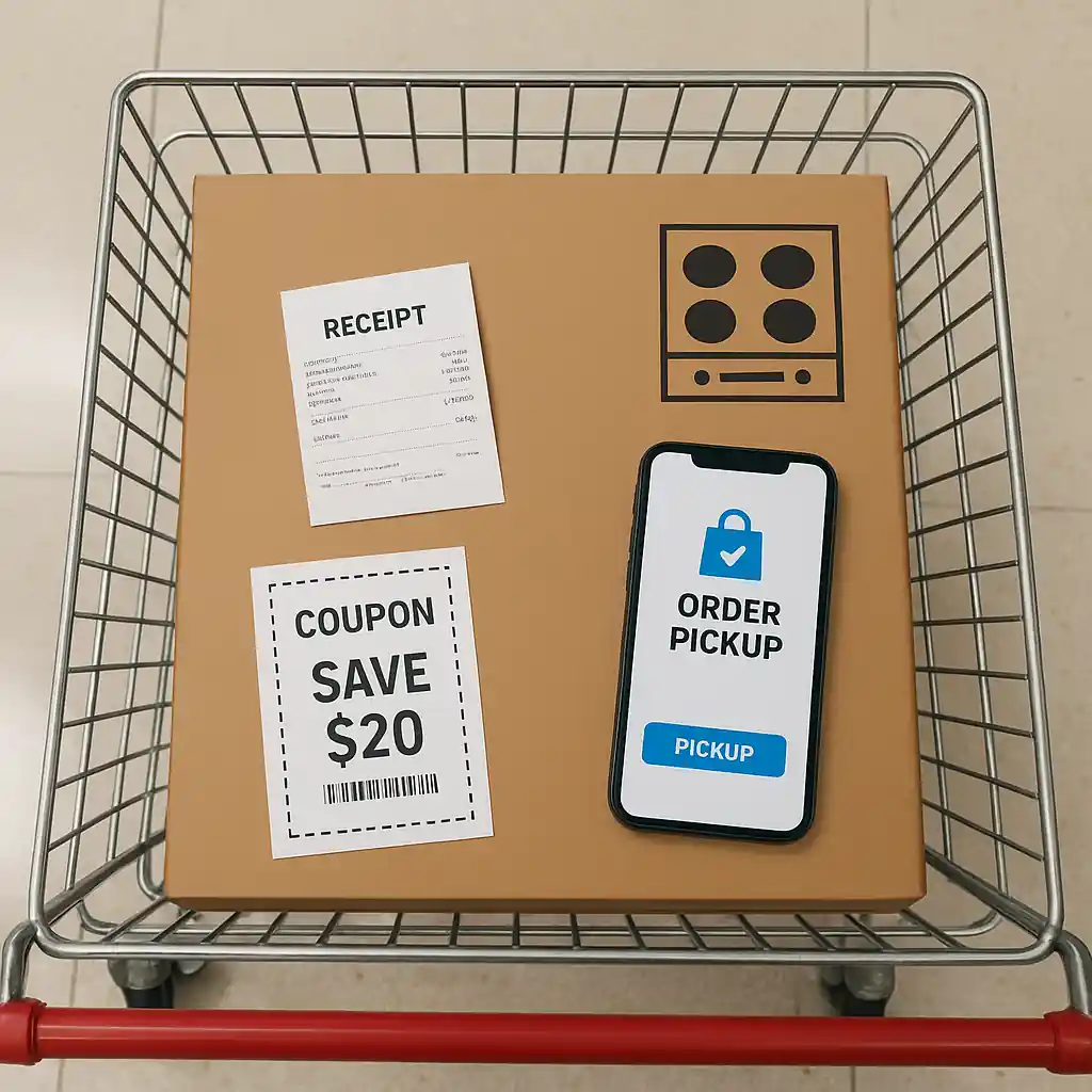 Shopping cart with big appliance, receipt, and coupon near pickup desk